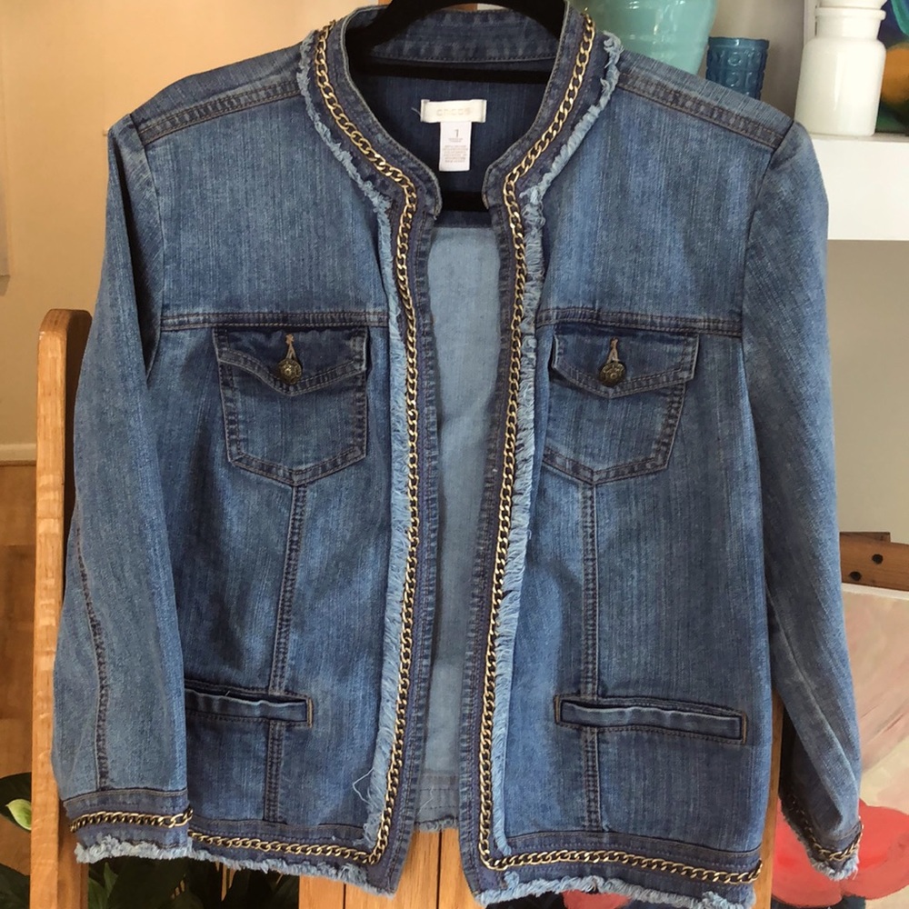 Chico’s Denim Jacket with brass gold chain trim